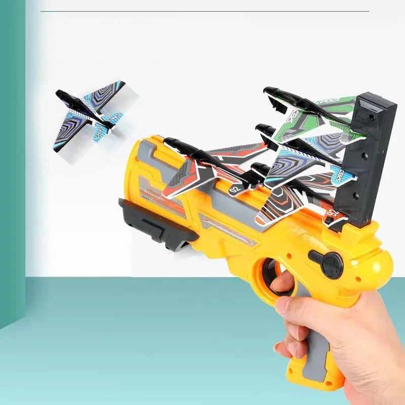 Dino Toys hand throwing spin glider launcher with blue foam airplanes and ABS plastic body
