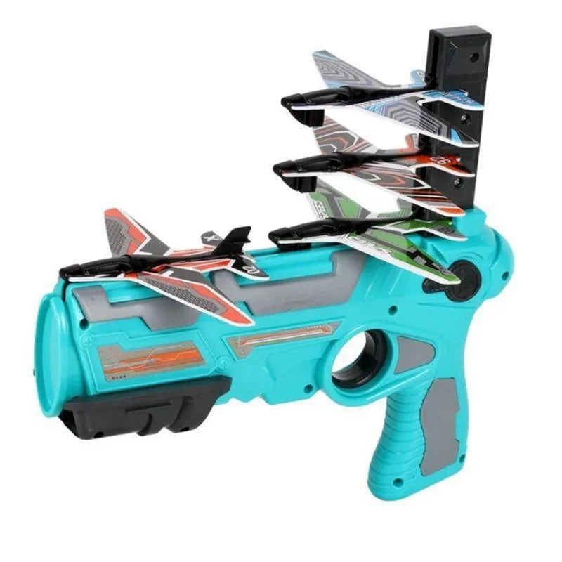 Dino Toys hand throwing spin glider launcher with blue foam airplanes and ABS plastic body