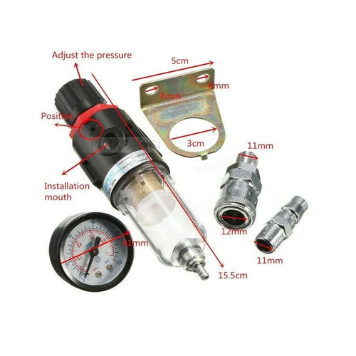 Aluminium and plastic air compressor filter regulator with pressure gauge and 1/4 inch connector.