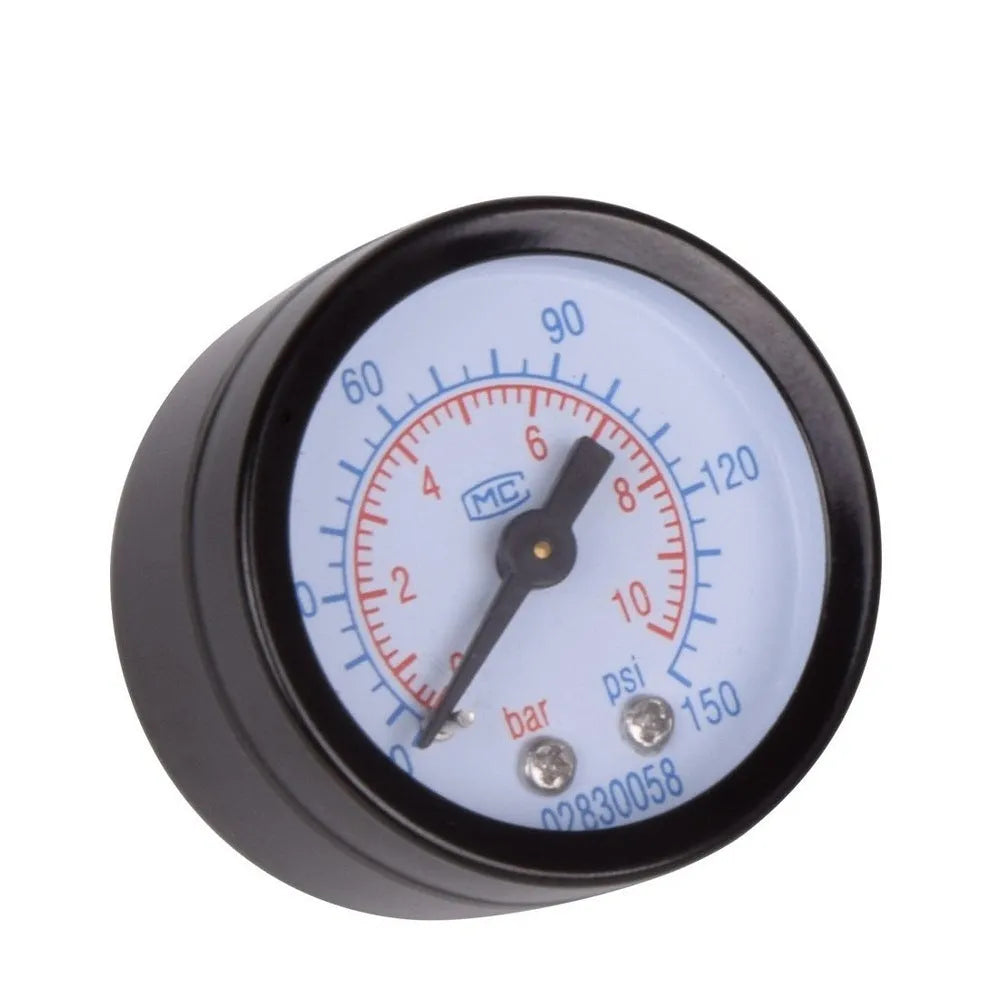 Aluminium and plastic air compressor filter regulator with pressure gauge and 1/4 inch connector.