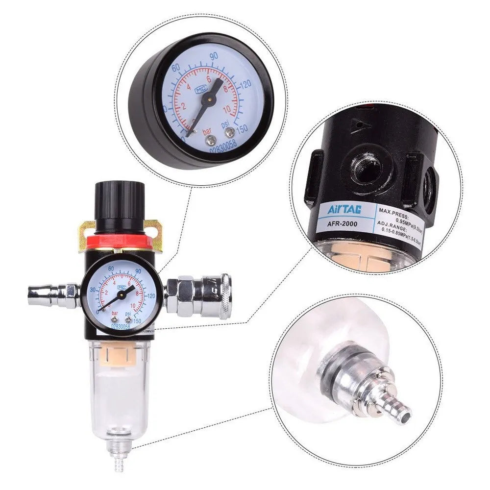 Aluminium and plastic air compressor filter regulator with pressure gauge and 1/4 inch connector.