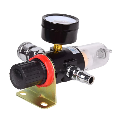 Aluminium and plastic air compressor filter regulator with pressure gauge and 1/4 inch connector.