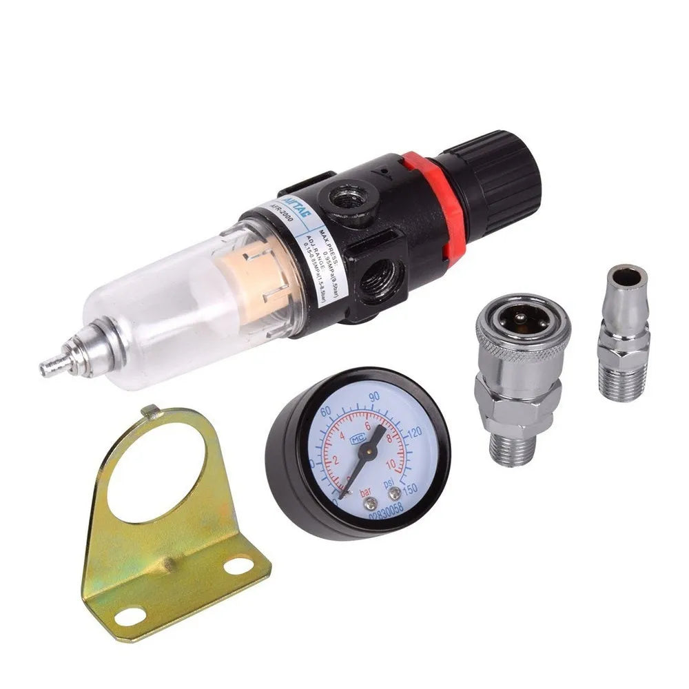 Aluminium and plastic air compressor filter regulator with pressure gauge and 1/4 inch connector.