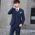 Men's three-piece Korean style slim fit suit in black with lapel collar and single button