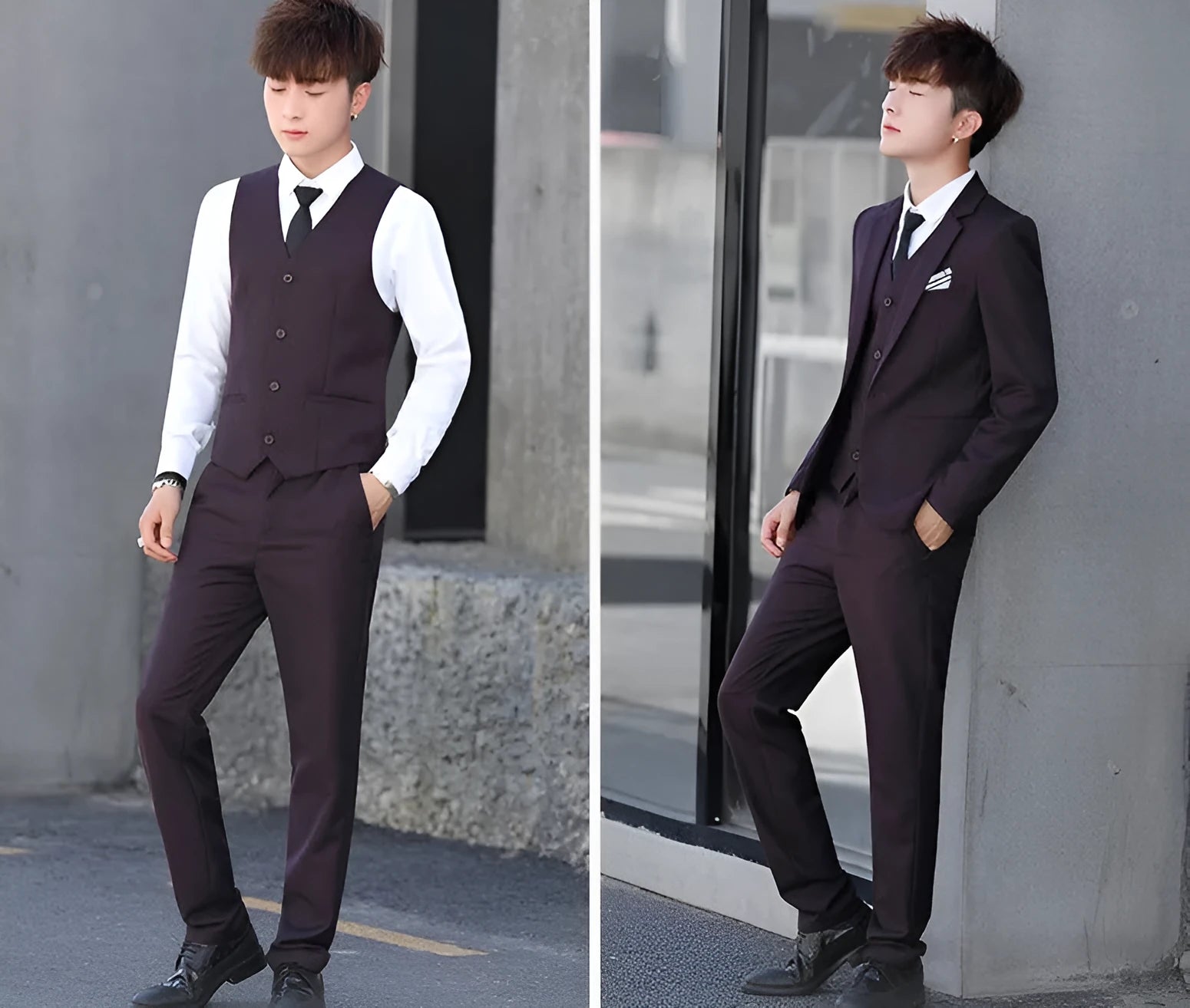 Men's three-piece Korean style slim fit suit in black with lapel collar and single button