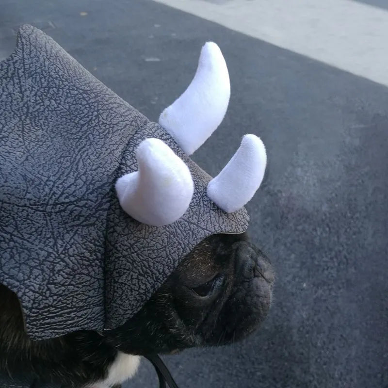 Grey cloth pet triceratops dinosaur hat for dogs and cats, one size.