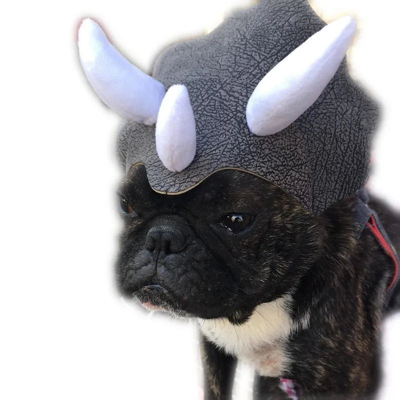 Grey cloth pet triceratops dinosaur hat for dogs and cats, one size.