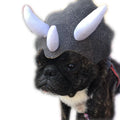 Grey cloth pet triceratops dinosaur hat for dogs and cats, one size.
