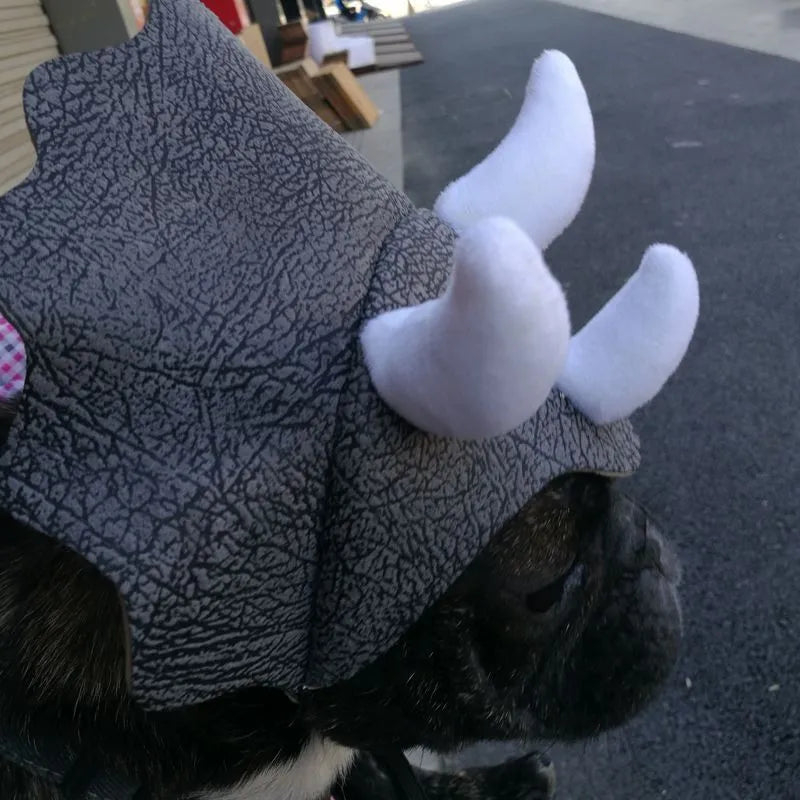 Grey cloth pet triceratops dinosaur hat for dogs and cats, one size.