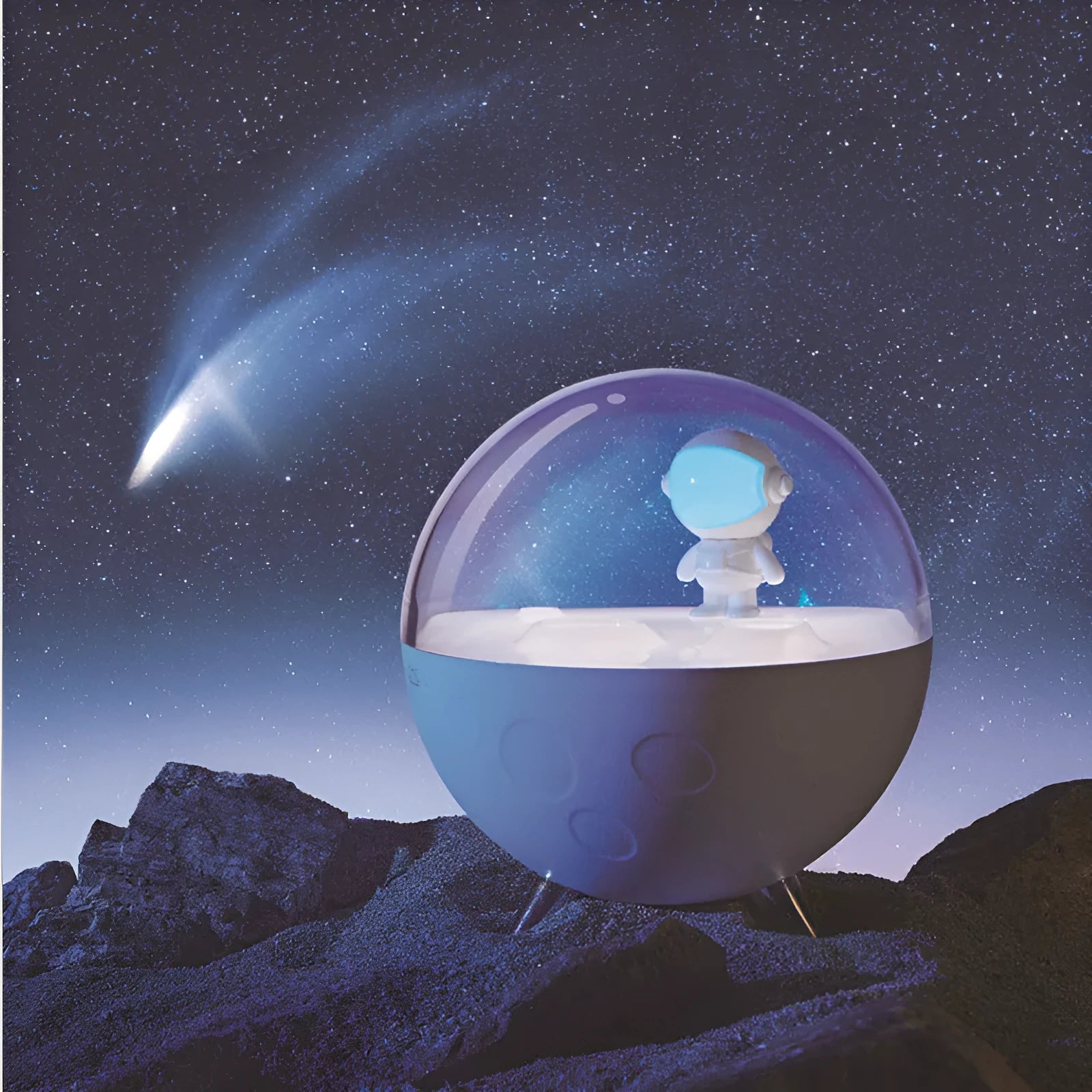 USB-powered cartoon-style LED night light showing white and blue colour options on a desk.