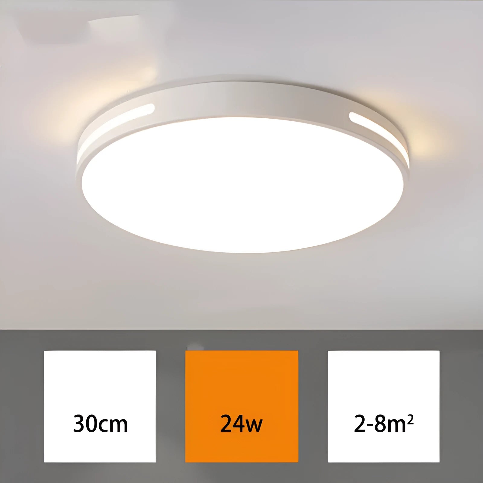 Round white acrylic remote control LED ceiling lamp mounted on a bedroom ceiling.