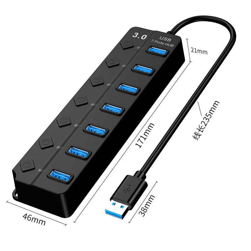 Black 7-port USB 3.0 hub with external power adapter and 1-metre cable on a desk