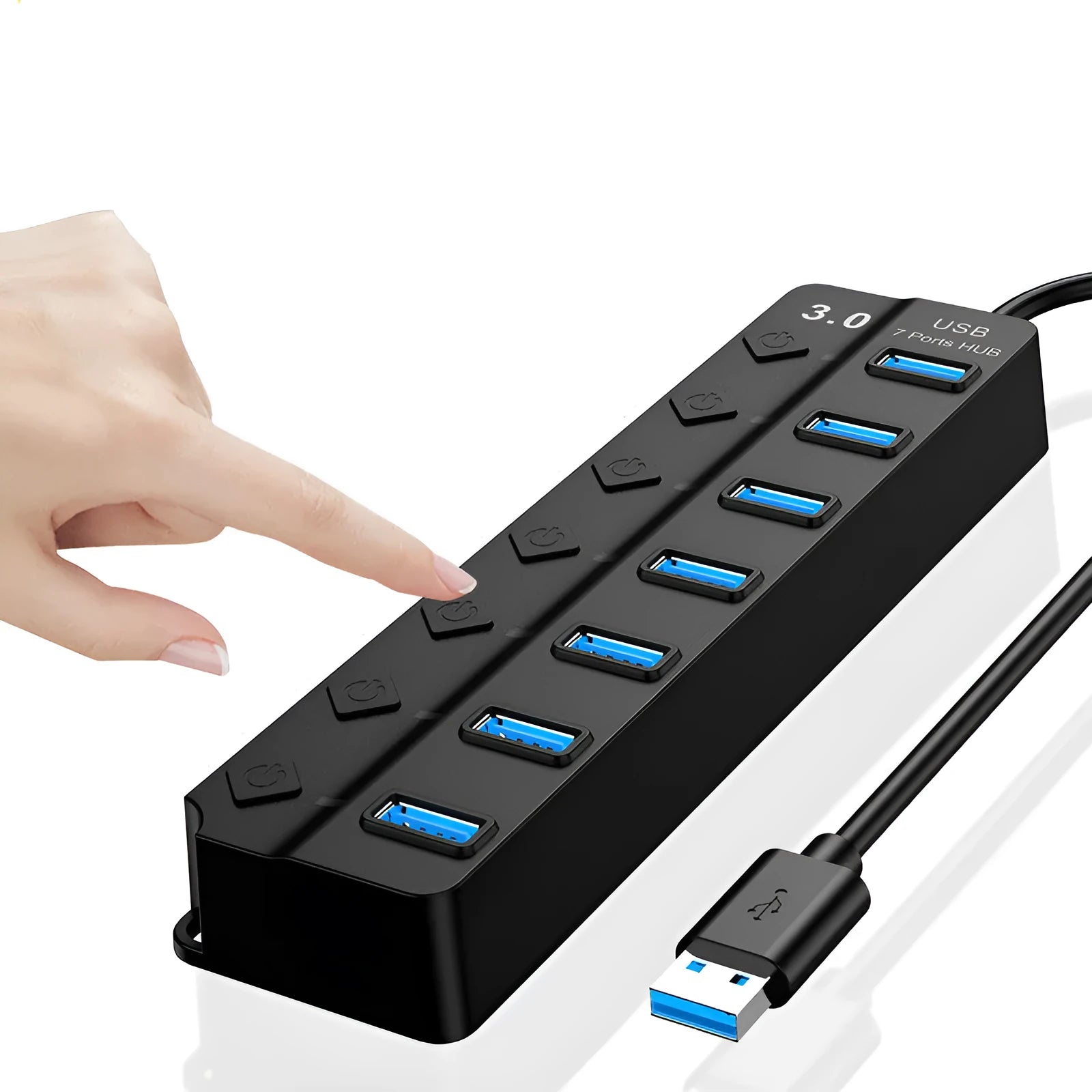 Black 7-port USB 3.0 hub with external power adapter and 1-metre cable on a desk