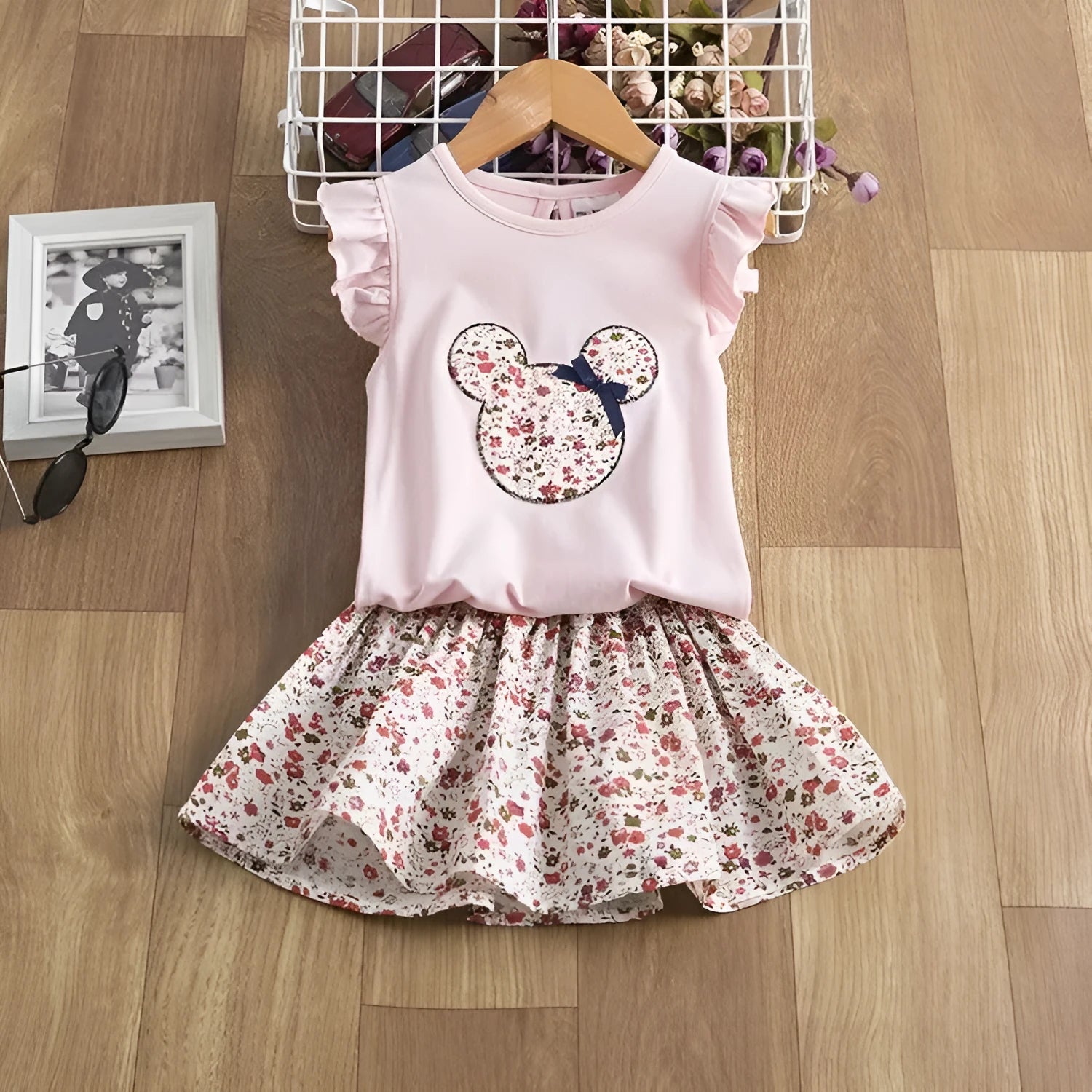 Girls' polyester holiday dress and top matching set in black, pink, or white for sizes 2T to 6T