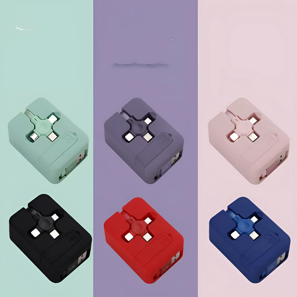 Macaron telescopic bracket three-in-one charging cable with USB, iPhone, and Micro USB connectors extended