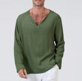 Cotton and linen ethnic style men's V-neck long sleeve T-shirt in khaki, front view