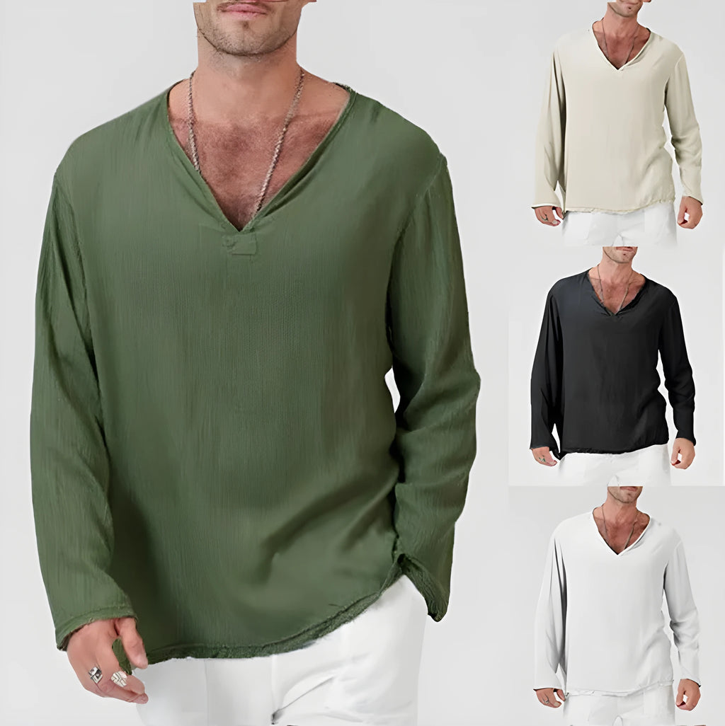 Cotton and linen ethnic style men's V-neck long sleeve T-shirt in khaki, front view