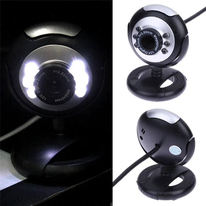 USB webcam with ring of six white LED lights around the lens.