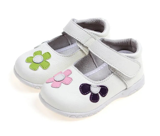 Children's Korean princess leather shoes with Velcro fastening and embroidery detail in black, pink, red, and white colours