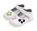 Children's Korean princess leather shoes with Velcro fastening and embroidery detail in black, pink, red, and white colours