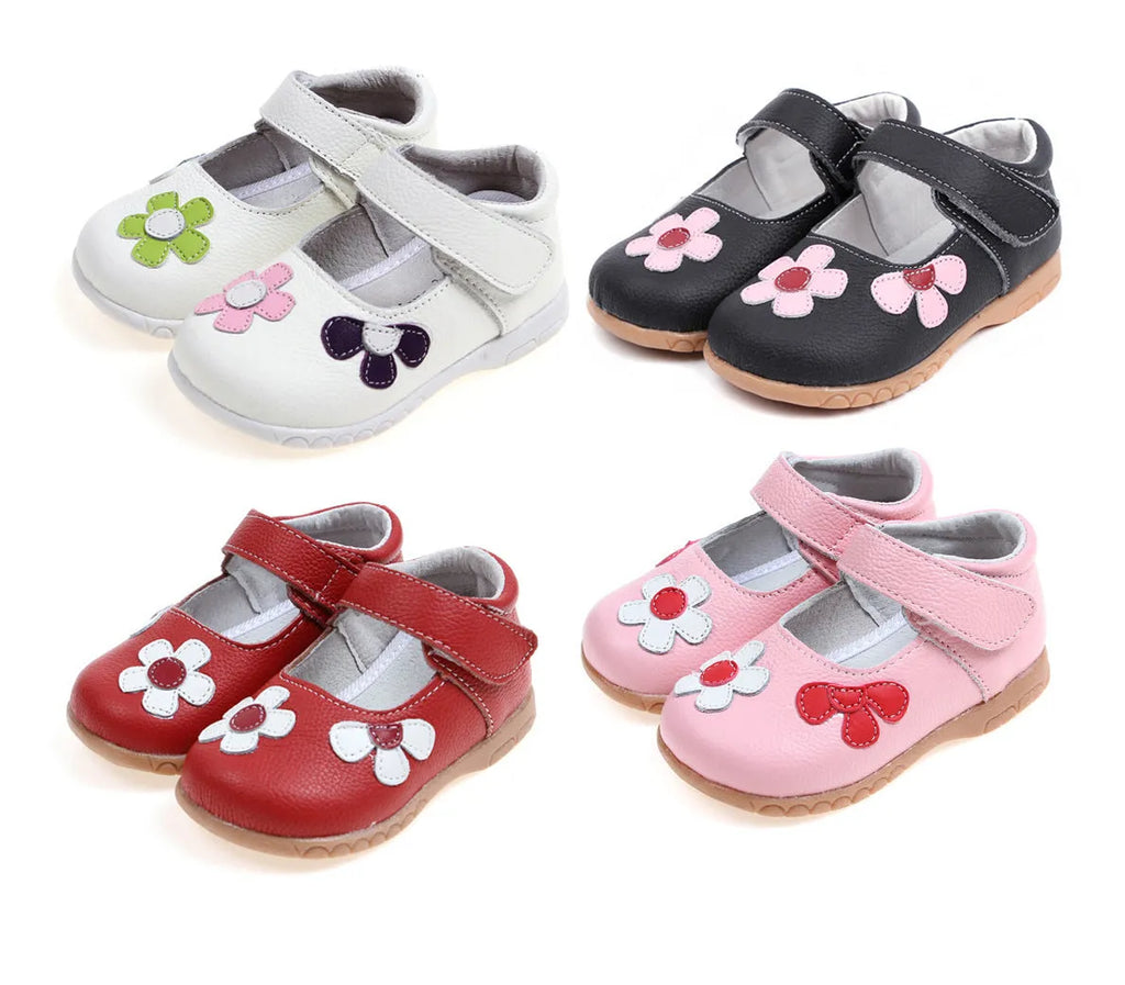 Children's Korean princess leather shoes with Velcro fastening and embroidery detail in black, pink, red, and white colours