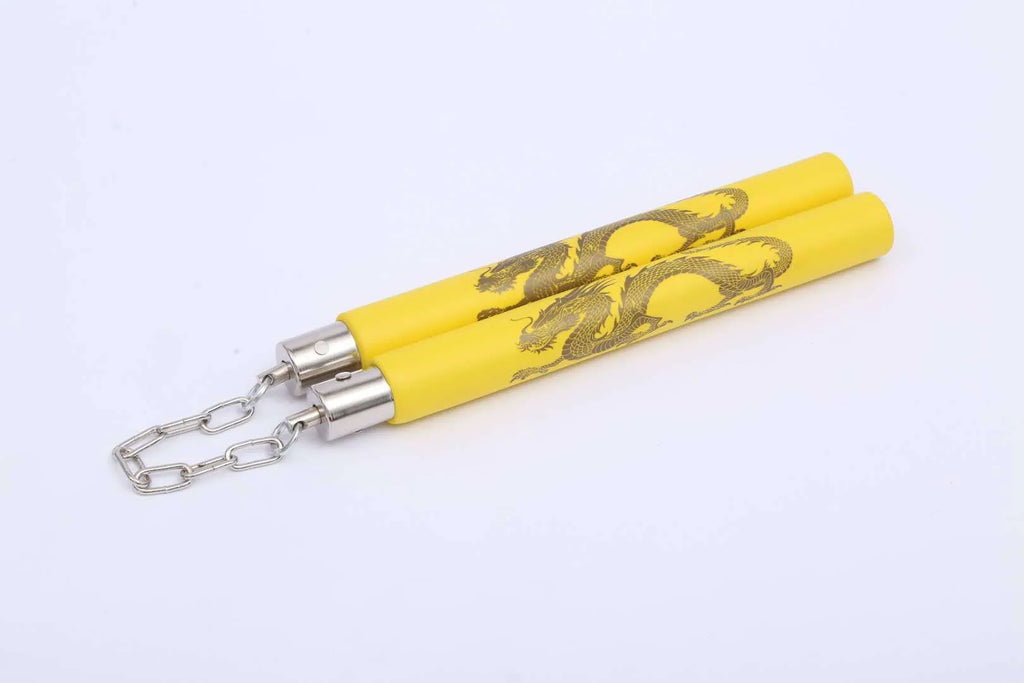 Red and blue foam sponge nunchaku with EVA padding, showing the iron chain link and PVC pipe core.