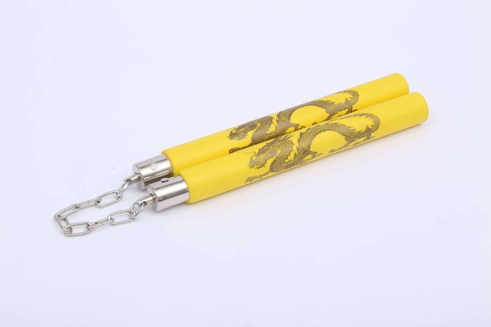 Red and blue foam sponge nunchaku with EVA padding, showing the iron chain link and PVC pipe core.