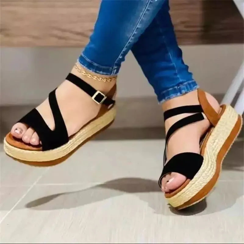 Women's round toe platform sandals with hollow buckle, Roman style, white colour, PU upper