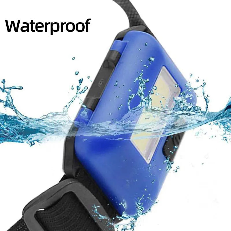 Mini outdoor COB LED headlight in black, blue, or red on a polyester head strap.