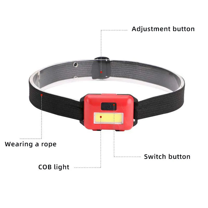 Mini outdoor COB LED headlight in black, blue, or red on a polyester head strap.
