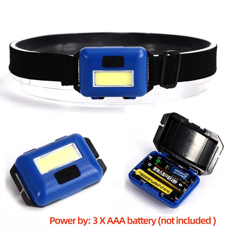 Mini outdoor COB LED headlight in black, blue, or red on a polyester head strap.