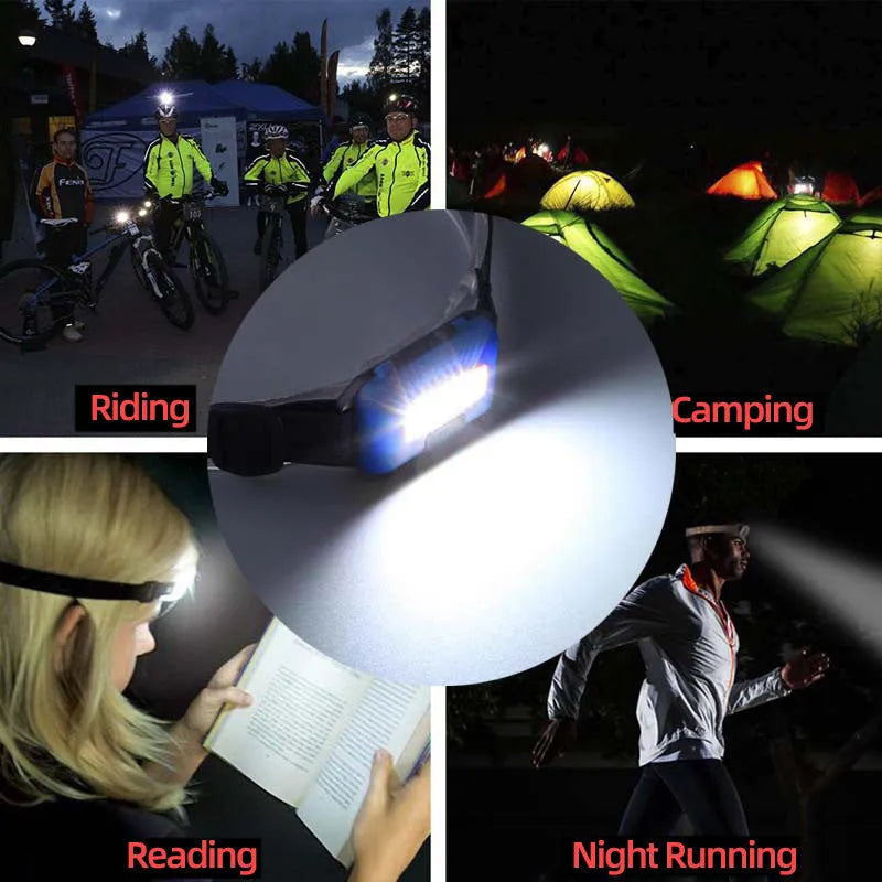 Mini outdoor COB LED headlight in black, blue, or red on a polyester head strap.
