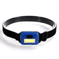 Mini outdoor COB LED headlight in black, blue, or red on a polyester head strap.