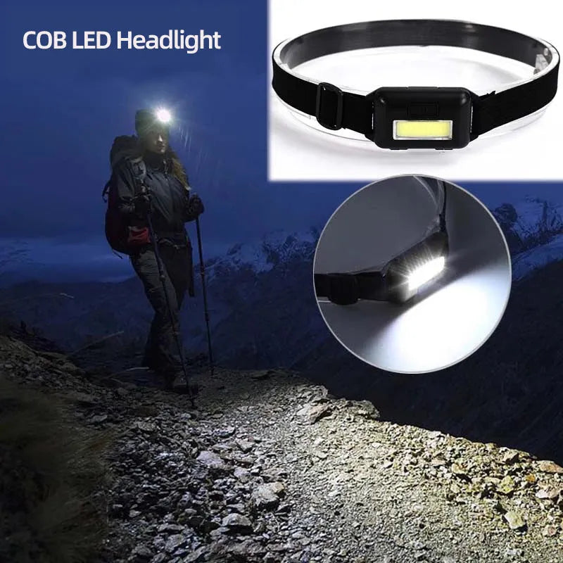 Mini outdoor COB LED headlight in black, blue, or red on a polyester head strap.