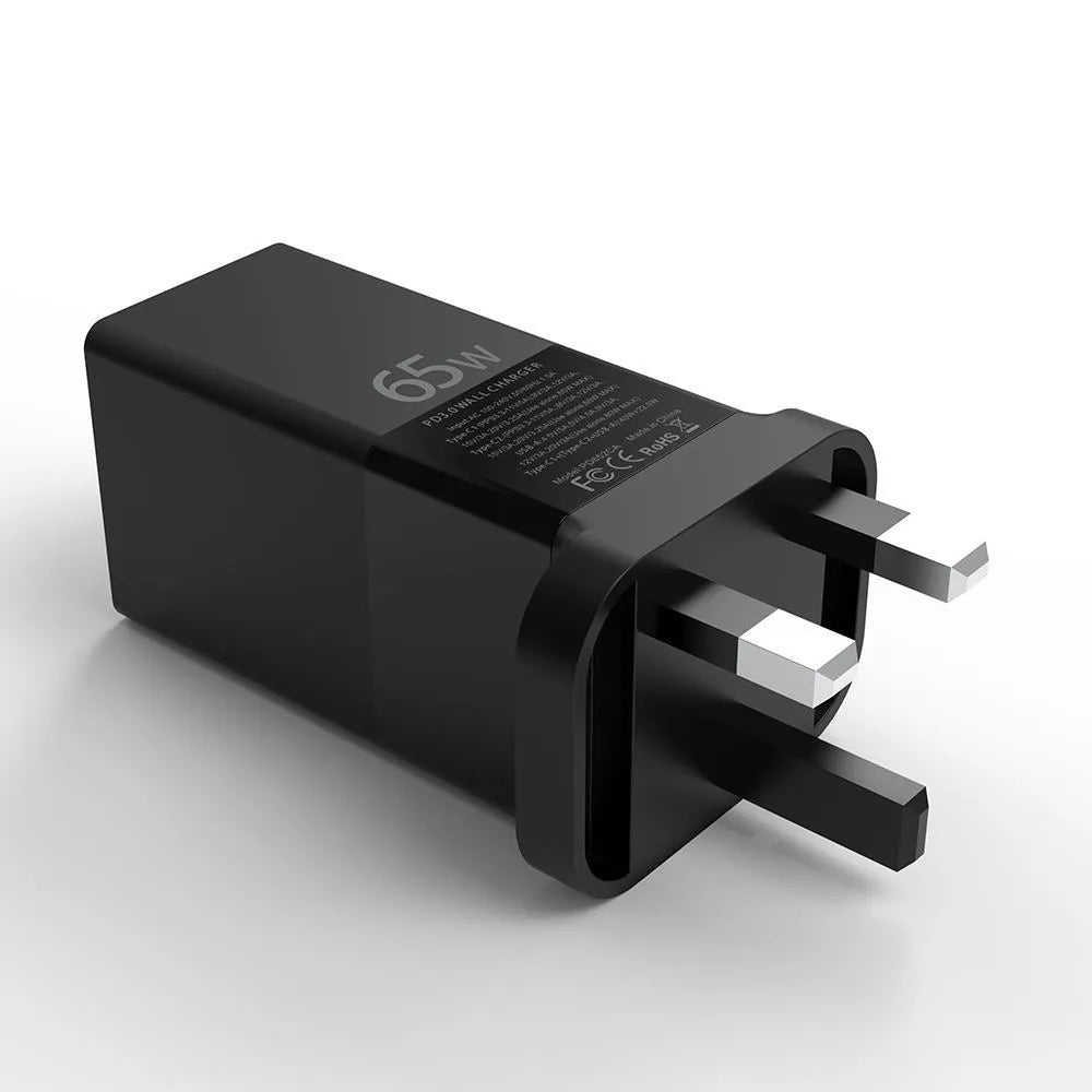 Black 65W USB PD wall charger with two Type-C ports and one USB port