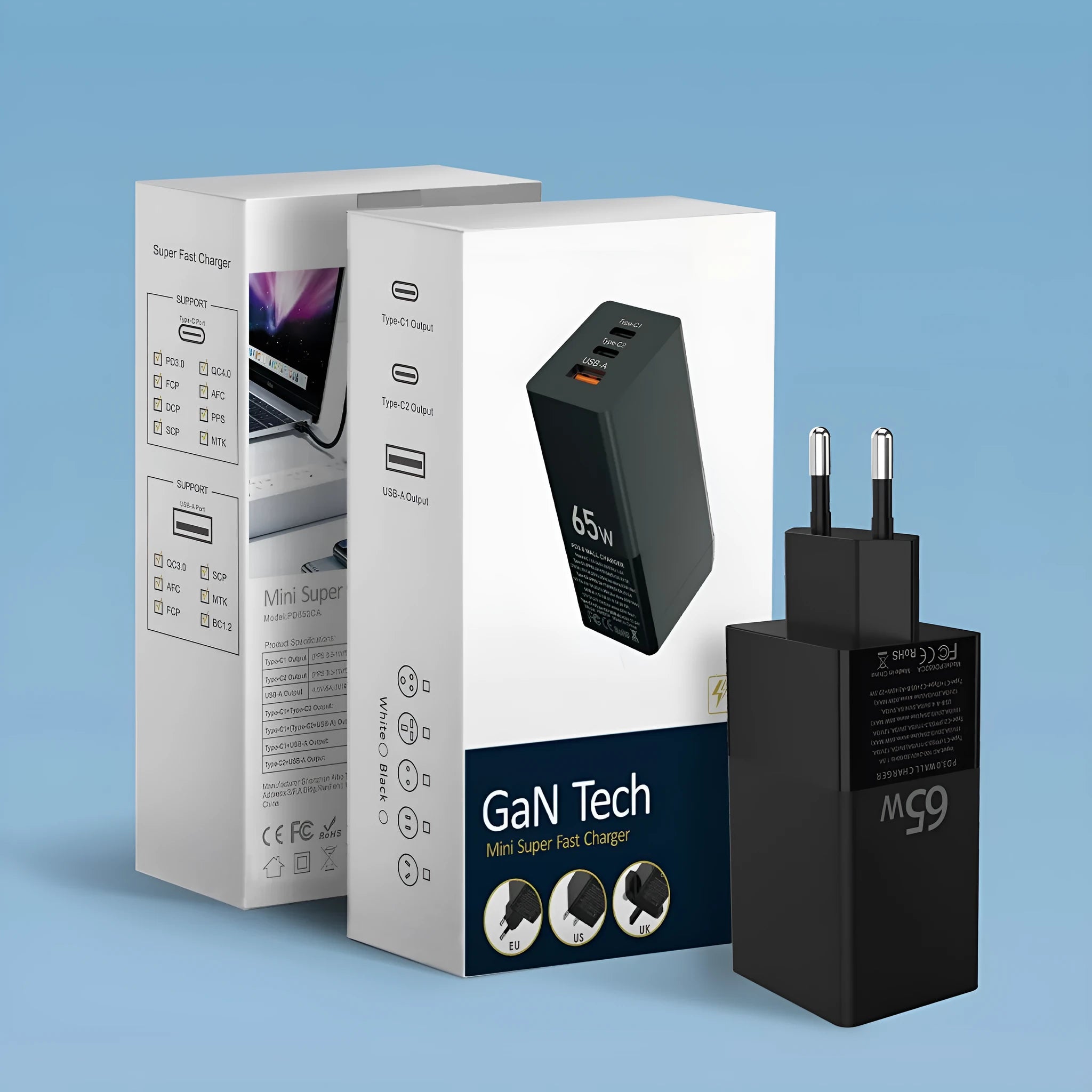 Black 65W USB PD wall charger with two Type-C ports and one USB port