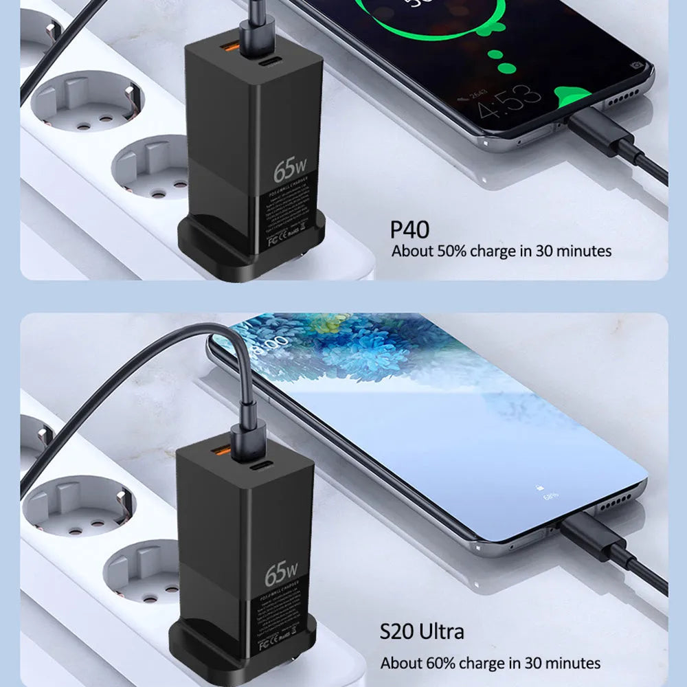 Black 65W USB PD wall charger with two Type-C ports and one USB port