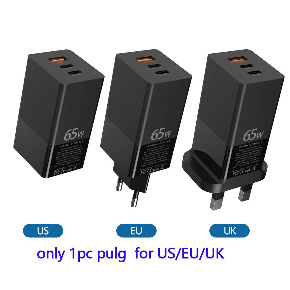 Black 65W USB PD wall charger with two Type-C ports and one USB port