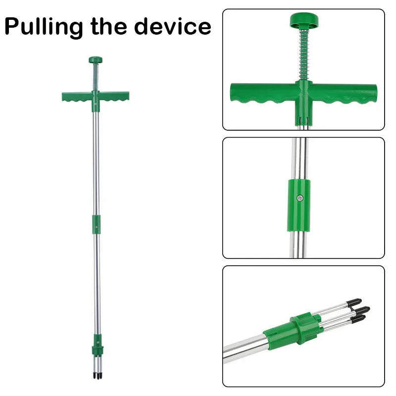 Green plastic long-handled garden weed puller with a hoe head.