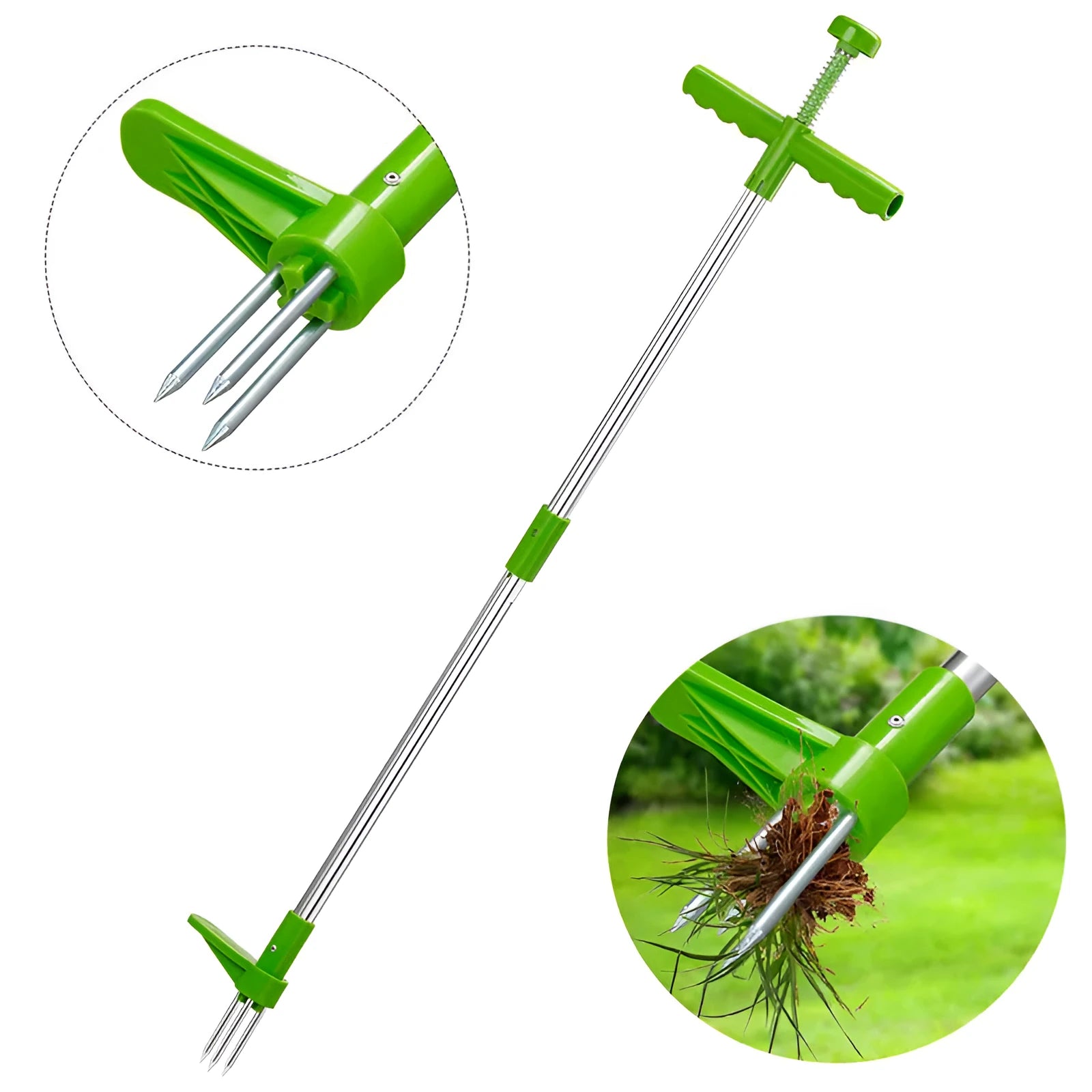 Green plastic long-handled garden weed puller with a hoe head.