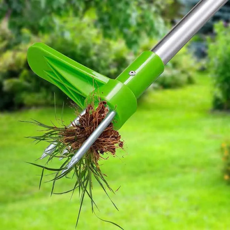 Green plastic long-handled garden weed puller with a hoe head.