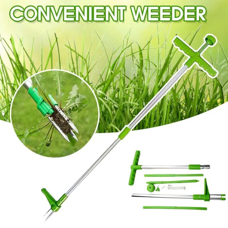 Green plastic long-handled garden weed puller with a hoe head.