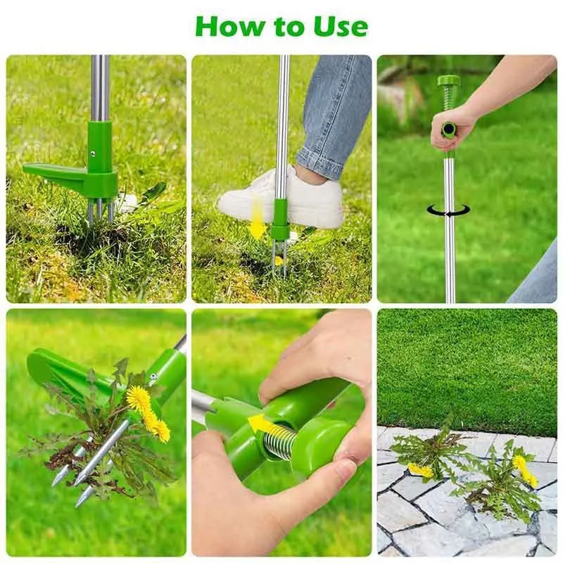 Green plastic long-handled garden weed puller with a hoe head.
