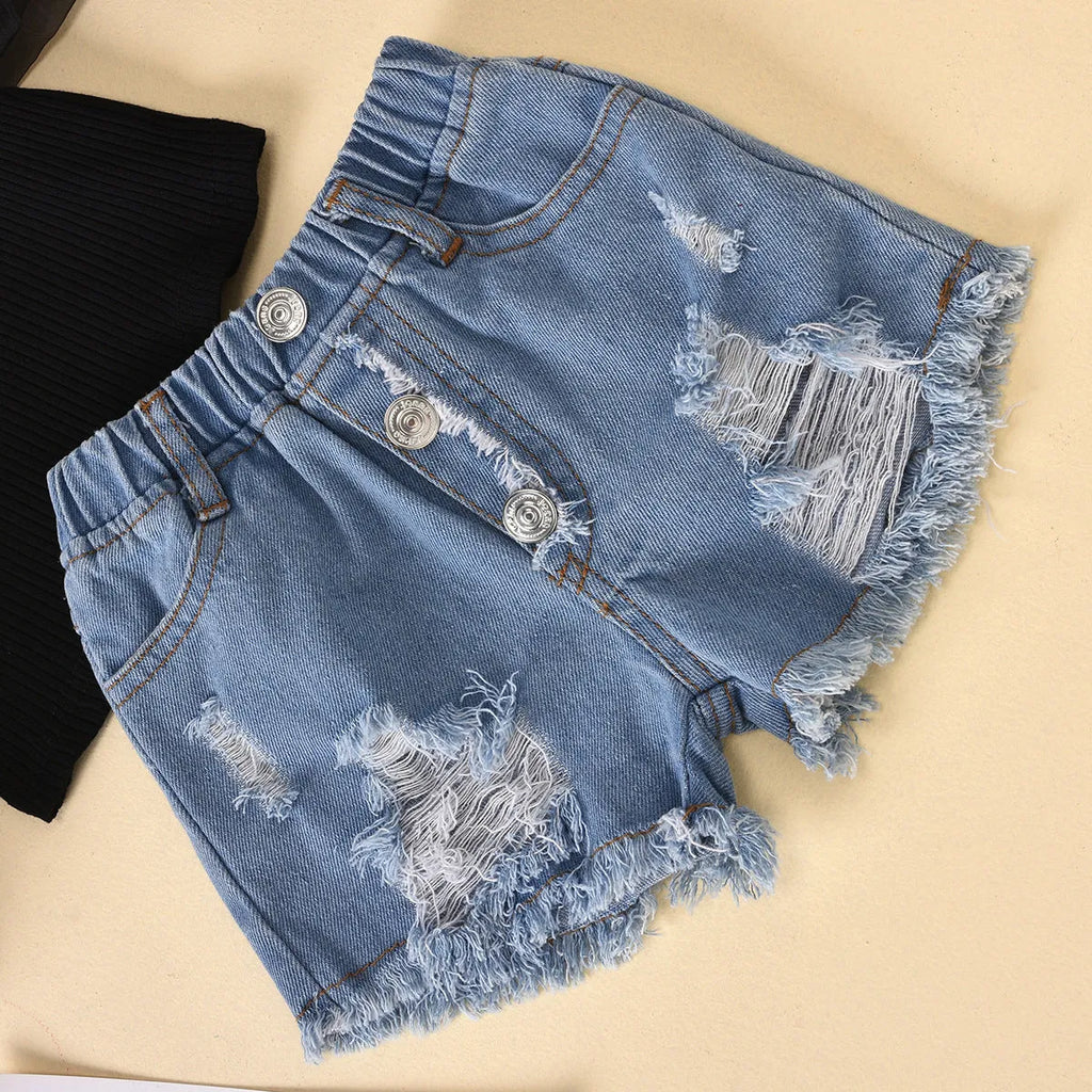 Children's black cotton striped top with dot mesh sleeves and ripped denim shorts suit for kids