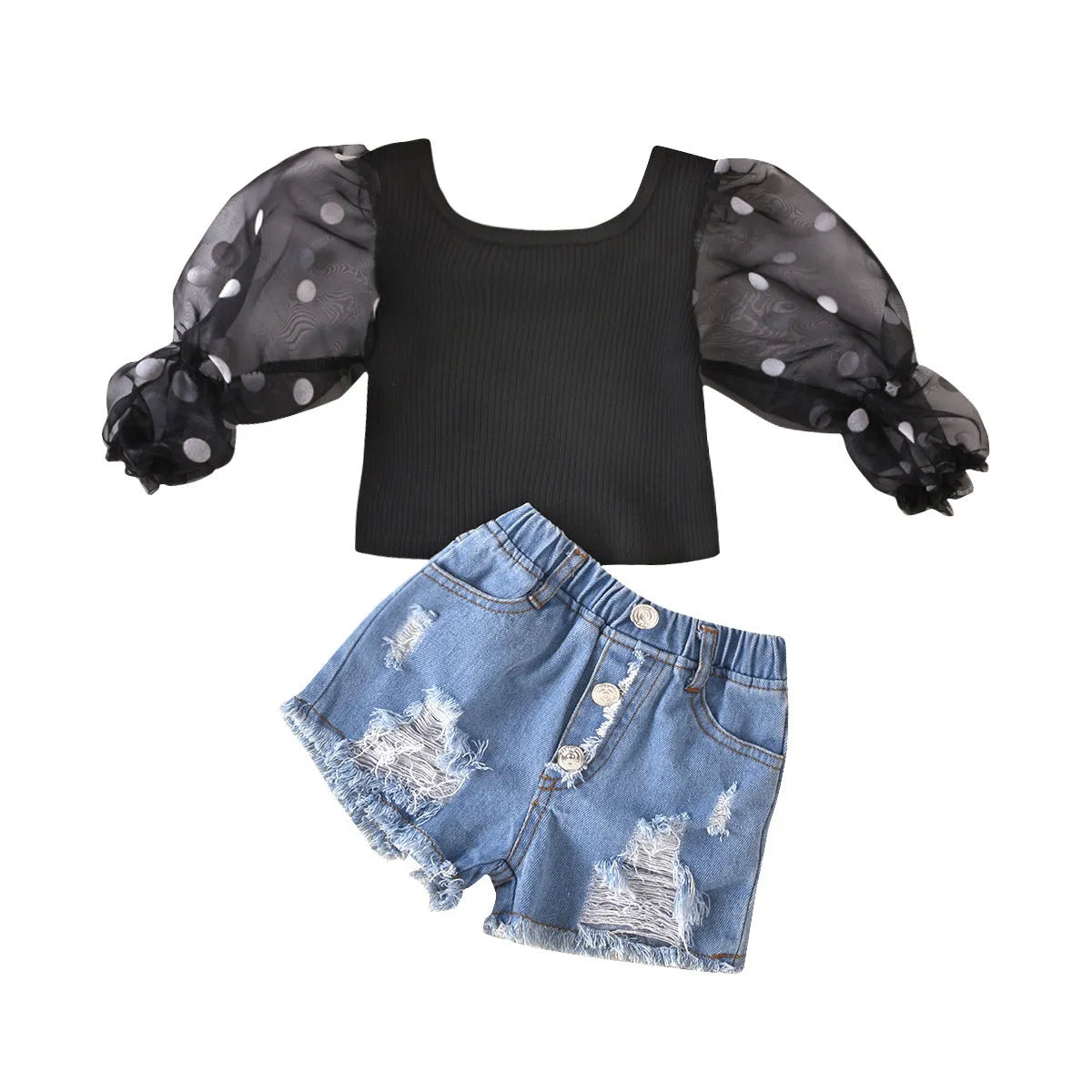 Children's black cotton striped top with dot mesh sleeves and ripped denim shorts suit for kids