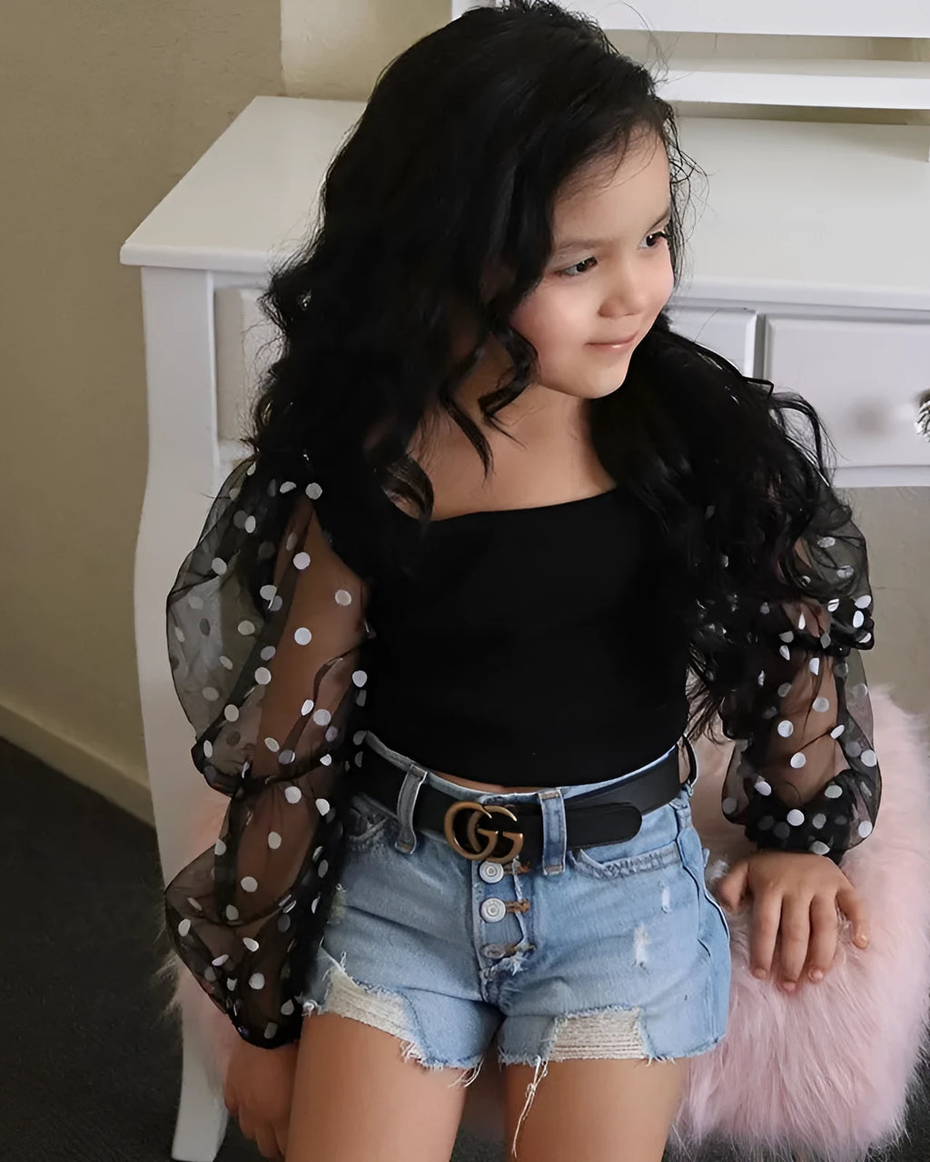 Children's black cotton striped top with dot mesh sleeves and ripped denim shorts suit for kids