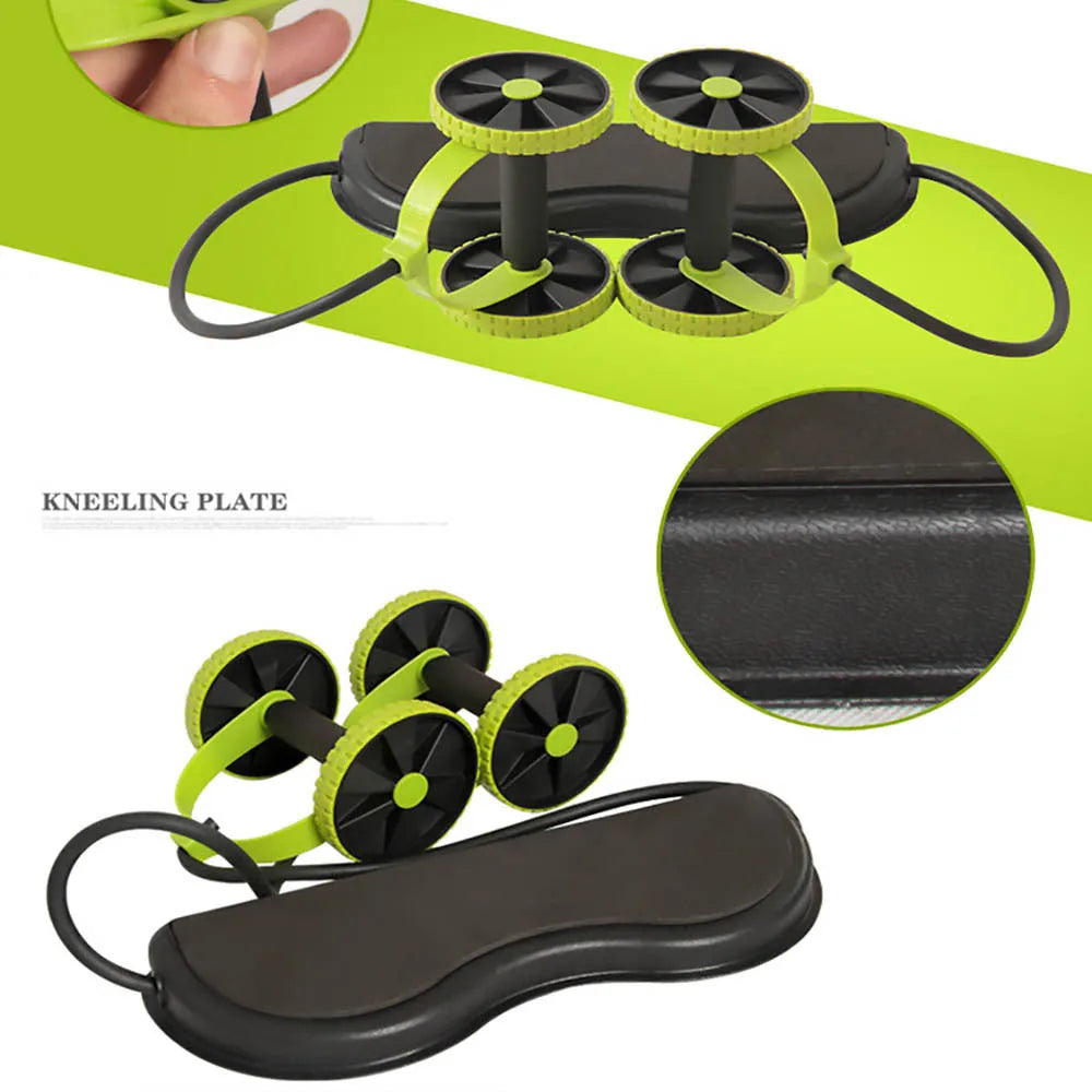 Black ab roller wheel with EVA cushion on floor, showing side view of roller and handles