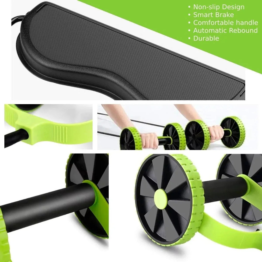 Black ab roller wheel with EVA cushion on floor, showing side view of roller and handles