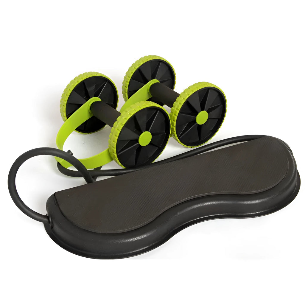 Black ab roller wheel with EVA cushion on floor, showing side view of roller and handles