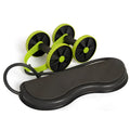 Black ab roller wheel with EVA cushion on floor, showing side view of roller and handles